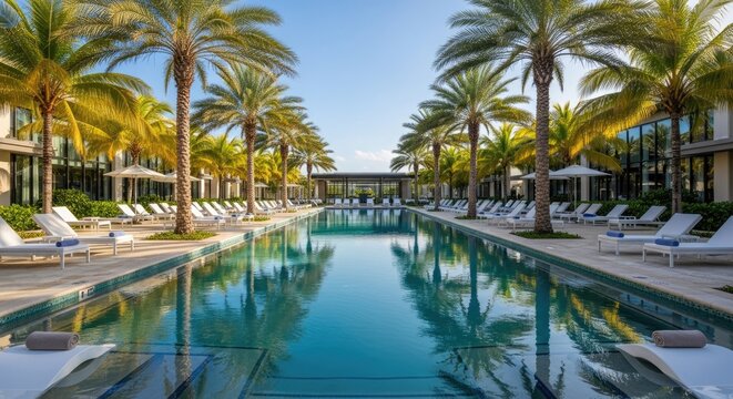 Long lap pool stretches between rows of palm trees and modern resort buildings on a sunny day