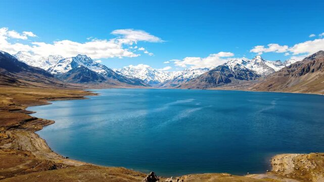 Stunning landscape of a high altitude mountain lake surrounded by snowcapped peaks and rocky terrain