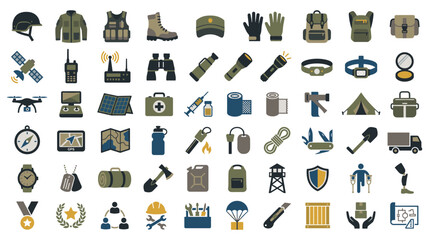 Fototapeta premium Collection of military and survival gear flat icons.