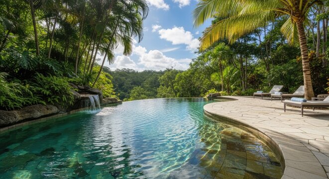 Luxurious infinity swimming pool merges seamlessly with dense tropical foliage under a bright sky