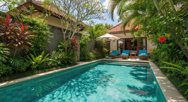 Private tropical villa features a secluded swimming pool surrounded by lush foliage.