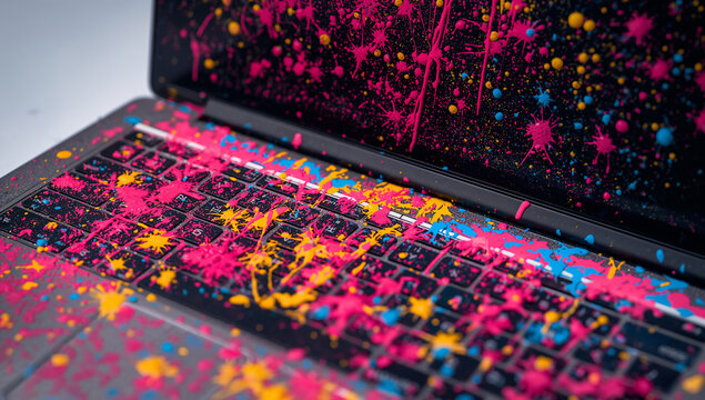 カラフルなペンキがキーボードや画面に飛び散ったノートパソコン