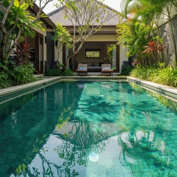 Luxurious private swimming pool surrounded by lush tropical foliage at a resort