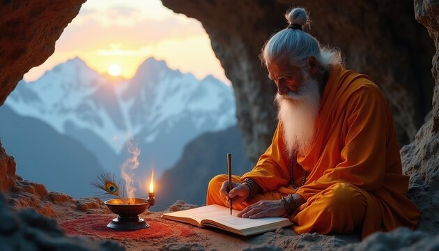 Elderly bearded sadhu monk wearing orange robes writes in ancient book inside Himalayan cave. Spiritual hindu sage meditates near burning candle at sunrise. Himalayan mountains landscape view
