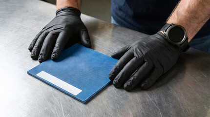 Fototapeta premium Hands in black gloves place blue folder on stainless steel table in laboratory setting