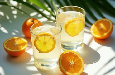 Fototapeta premium Two glasses of cold citrus water with ice, orange slices sit on bright sunlit table. Whole, halved oranges surround drinks, with palm leaves casting shadows creating refreshing summer atmosphere.