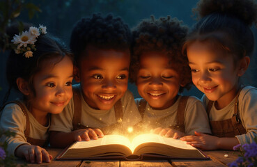Group of diverse children read magic open book on wooden table. Boys, girls smile looking at glowing pages with bright light. Kids explore fantasy story together in dark room. Youth enjoy fairy tale © Vadym