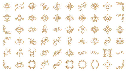 Assorted gold mini icons of flourishes and leaf accents. © GW