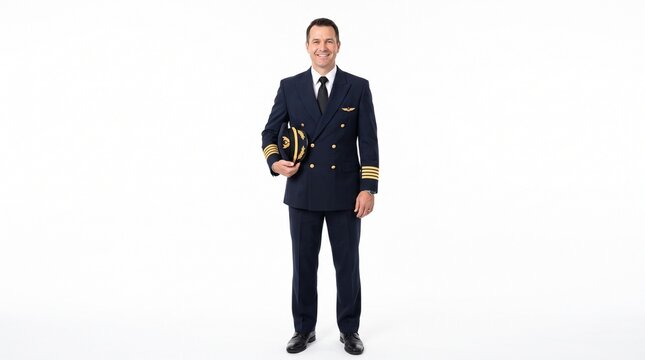 Smiling Male Pilot in Uniform Holding Cap with Gold Insignia and Stripes on Sleeves