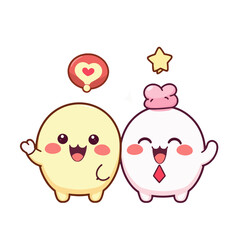 Kawaii mascot characters with heart and star icons, cute round emoji friends in pastel yellow and white colors, adorable Japanese style chibi creatures for stickers, happy cartoon duo vector.
