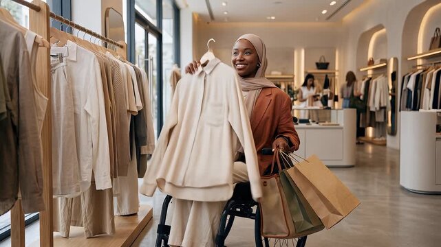 Smiling Black Muslim woman in wheelchair holding shopping bags and clothing rack while checking how a blouse fits in luxury fashion boutique