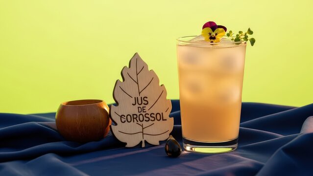 Refreshing Soursop Juice (Jus de Corossol) with Edible Flower and Micro-Mint, Bright Green Copy Space