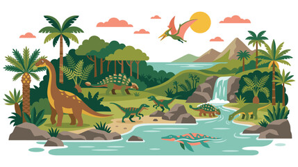 Wide landscape illustration with many different dinosaurs. © GW