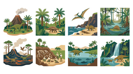 Set of eight colorful illustrations with dinosaurs theme. © GW