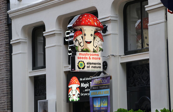 Magic Mushroom Smart Shop Sign on Historic Building in Amsterdam, Netherlands