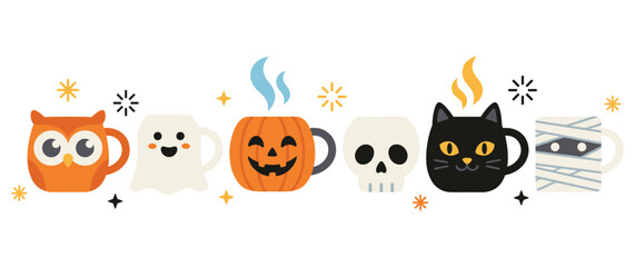 Fototapeta premium Cute cartoon halloween themed ceramic mug collection set.