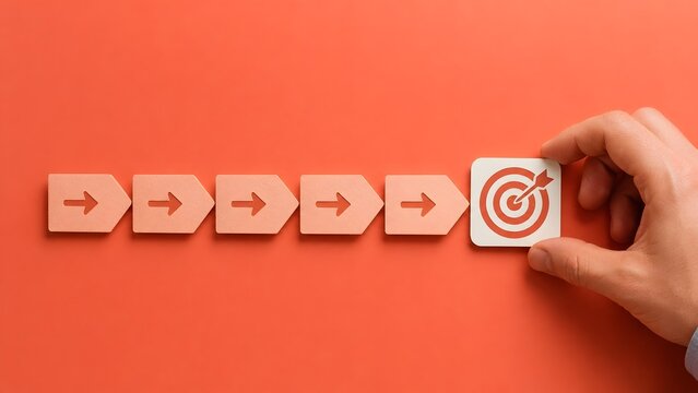 Hand holding white square block with red target next to chevron arrows pointing towards objective on red background for bold business strategy