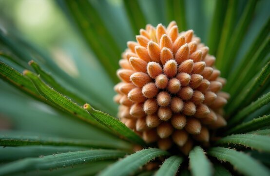 Macro shot of orange cycad cone surrounded by sharp green leaves in tropical garden. Exotic plant seed structure grows on palm tree. Detailed botanical view of textured organic bloom brings fresh