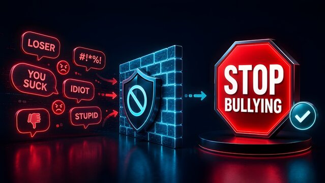 Neon cyberbullying protection concept with digital shield blocking glowing toxic messages, online internet safety and stop bullying awareness