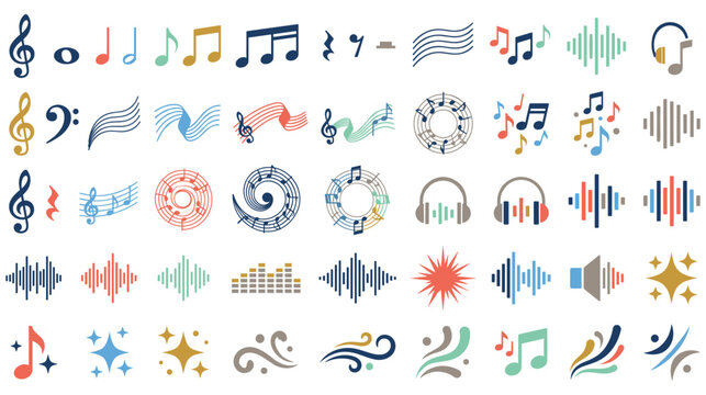 Music icon set. sound waves, notes, audio, musical symbols.