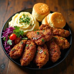 Fototapeta premium Crispy fried chicken rests on black plate with mashed potatoes, buttery biscuits. Fresh red cabbage salad accompanies meal featuring tasty poultry meat chunks. Rustic wooden table background sets
