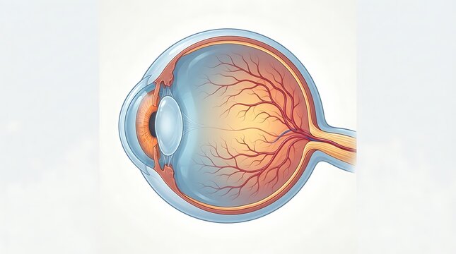 Detailed Cross Sectional Medical Illustration of the Human Eye Showing Retina and Optic Nerve Anatomy
