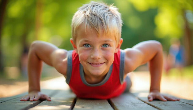 Blond boy in red tank top does pushups on wood planks. Young child exercises outdoors in sunny park. Active kid builds strength with outdoor physical training.
