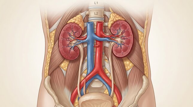 Detailed Medical Illustration of Human Kidneys with Major Blood Vessels and Lumbar Vertebrae L1 L2