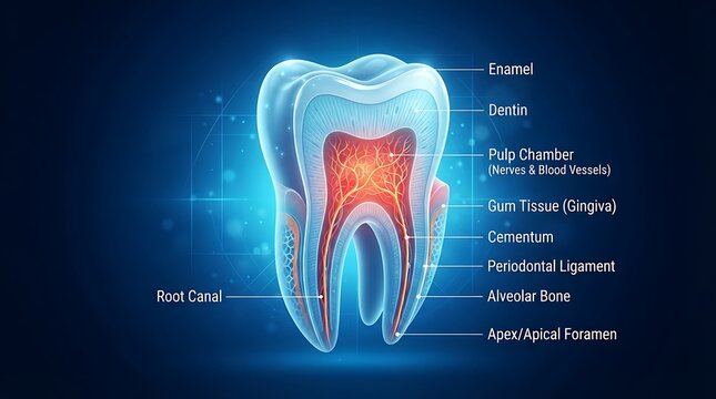 Detailed Anatomical Diagram of a Human Tooth with Labeled Parts for Medical and Dental Education