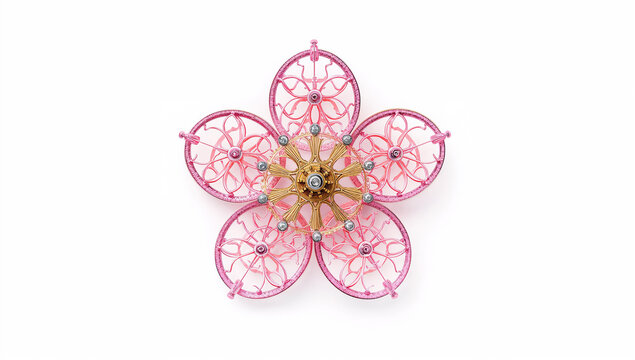 繊細な桃色金の歯車と銀のおしべで作られた桜の花