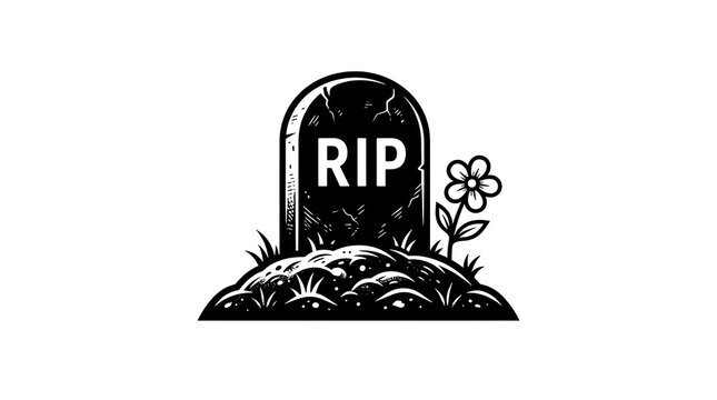 Vintage Style RIP Graveyard Tombstone Illustration with Flower and Grass for Memorial Designs and Obituaries