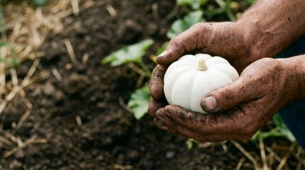 Farmer holding in dirty hand small white pumpkin on farm field. Agricultural worker harvesting organic vegetable. Concept of autumn harvest, sustainability, healthy food and cultivation.