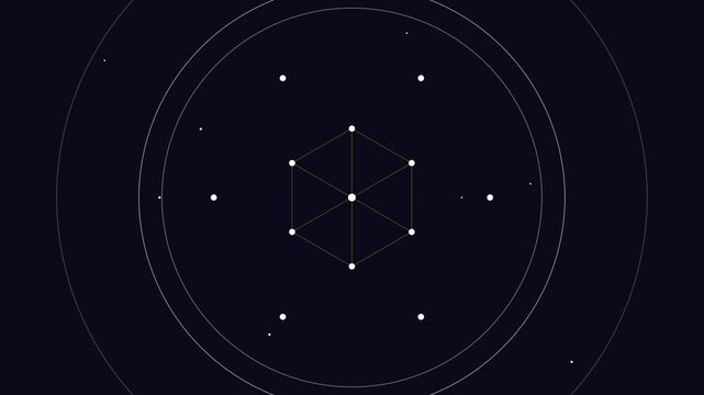 Abstract rotating golden geometric network with celestial orbit lines.