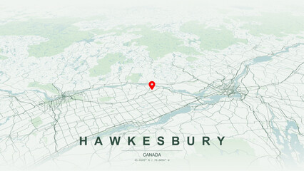 Modern minimalist vector map of Hawkesbury, Ontario. High-quality scalable illustration of Hawkesbury geographic boundaries, Ottawa River shoreline and Long Sault Bridge networks for posters design. © AliRza