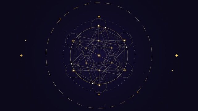 Gold sacred geometry symbol rotating on dark cosmic background