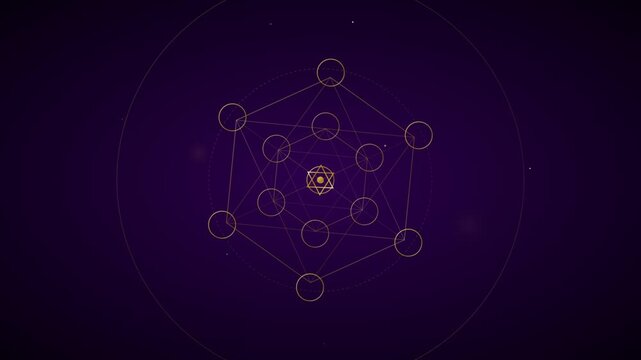 Golden Metatron's Cube sacred geometry rotating on a dark purple background with mystical glowing particles