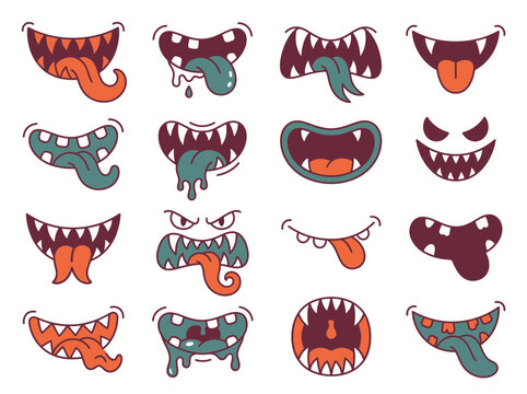 Set of cartoon monster mouths with sharp teeth and tongues