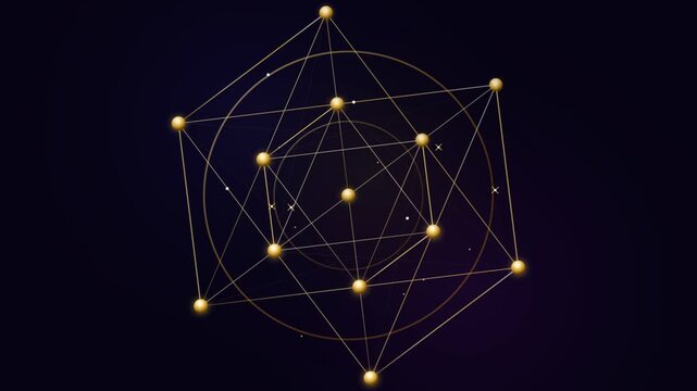 Golden sacred geometry plexus rotating on a dark background