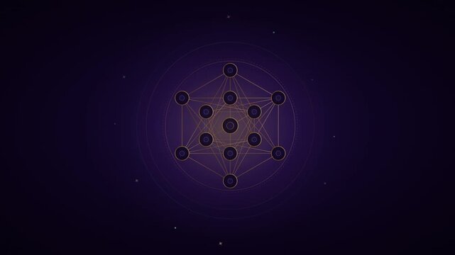 Golden Sacred Geometry Symbol Rotating on Dark Cosmic Purple Background