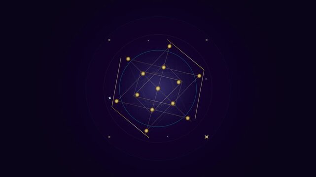 Rotating golden geometric constellation with glowing nodes on dark background.