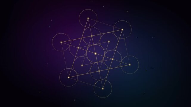 Rotating golden Metatron's Cube sacred geometry symbol on dark cosmic background