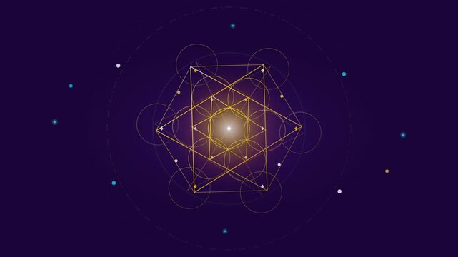 Rotating golden sacred geometry mandala on dark purple cosmic background