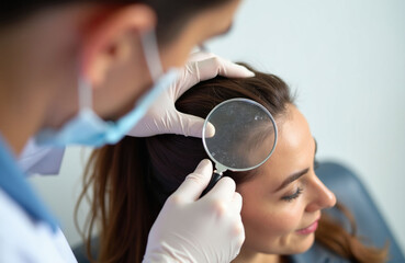 Fototapeta na wymiar Dermatologist uses magnifying glass to examine patient hair scalp in medical clinic. Doctor checks skin condition for dandruff psoriasis dermatitis symptoms. Female person receives professional hair