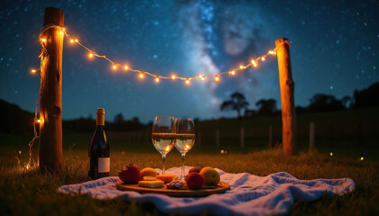 Obraz premium Romantic night picnic in Australian vineyard under starry sky. Wine glasses with bottle sit on blanket near grazing board with fruits, cheese. Glowing string lights hang between wooden posts