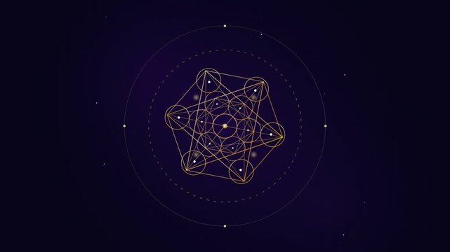 Rotating golden sacred geometry symbol on a dark starry cosmos background