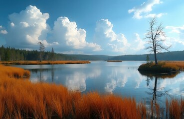 Naklejka premium Calm lake water reflects blue sky with white clouds. Orange reeds border marshland with sparse trees and distant forest. Nature scene in summer with serene water body and horizon.