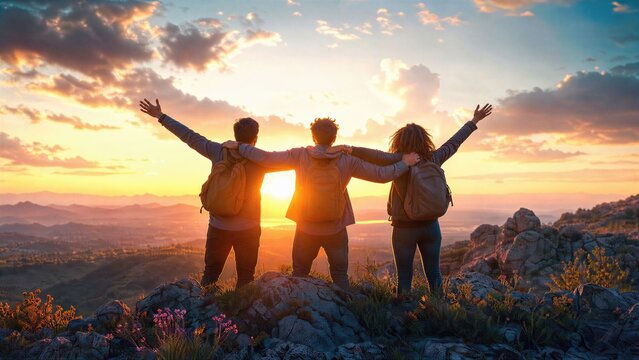 Two men and one woman standing on a mountain peak with arms raised at sunset. Hiking trio celebrating friendship and success during an outdoor adventure. Concept of unity and freedom.