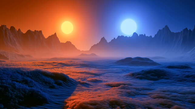 Two Suns Alien Landscape: A surreal alien landscape is divided into two distinct halves, one bathed in the fiery orange glow of a sun and the other in the cool blue light of another.