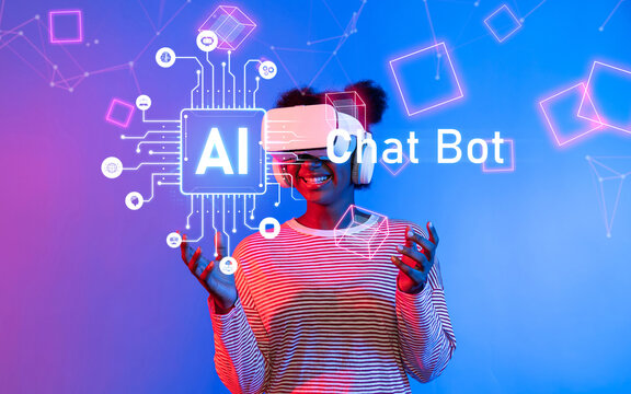 A woman engages with an AI chatbot through a VR headset, immersed in a digital environment. This image represents the fusion of technology and human interaction. XDMCP