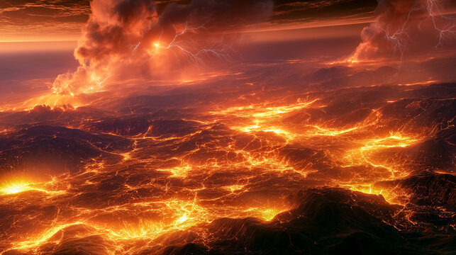 Volcanic Inferno: A cataclysmic volcanic eruption spews molten lava and ash into the sky, painting the horizon with a fiery spectacle of destruction and raw power.
